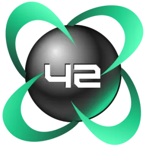 A black sphere shape with "42" on it in white, surrounded by green orbits