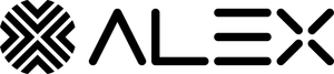 A black X made up of multiple lines, cropped into a circle, followed by "ALEX"
