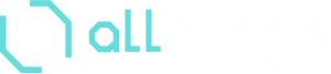 An octagonal white shape with an extender from the top left and bottom right, surrounded by a turquoise outline. "Allbridge" follows in turquoise and white.