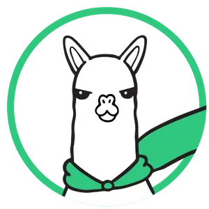 An illustrated alpaca wearing a green scarf, in a green circle