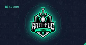A logo depicting a shield with a sword vertically through it, with the text "Anti-FUD Fund". The logo is mostly black and white with a neon green outline.