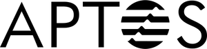 The text &quot;Aptos&quot; in black caps. The O is filled, with three rippled lines through it
