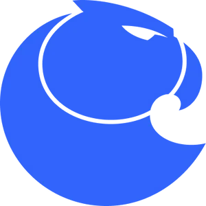 Circular logo resembling an eagle, in blue