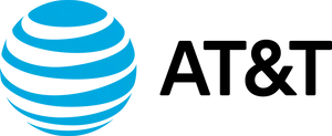 AT&amp;T logo, with a blue globe made up of varying width stripes, followed by AT&amp;T in black text