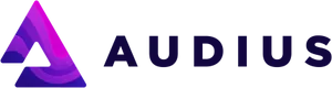 A purple triangle with a portion missing from the bottom left, followed by the text "Audius" in black capitals