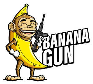 An illustration of a monkey wearing a banana suit holding a rifle, followed by "banana gun" in black capitals