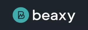 A turquoise circle with a black B in the middle, with the B crossbar represented by a lightning bolt shape. "Beaxy" follows in white lowercase.