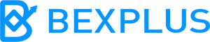 A B with a diamond formed by the crossbar, and an arrow pointing up and to the right. The B is followed by the text "Bexplus" in all capitals, and both the symbol and text are in sky blue.