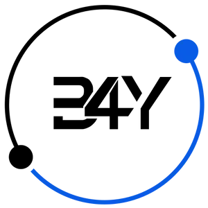"B4Y" in black capitals, surrounded by a circle in half black and blue