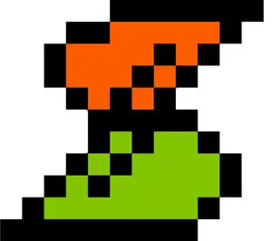 A pixel art S with the top filled in orange and the bottom filled in green