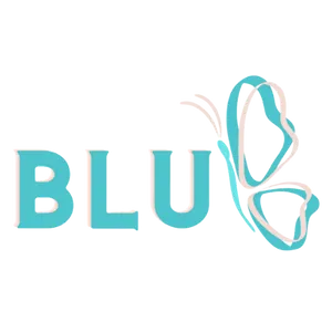 "BLU" in turquoise, followed by an illustration of a butterfly from the side