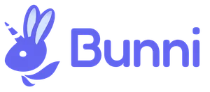 A purple bunny illustration with a unicorn horn, followed by "Bunni" in rounded purple letters