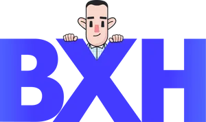 The letters BXH in blue block text, with an illustration of a man peeking over the top of the X