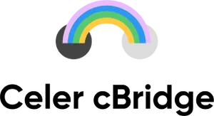 A rainbow connecting grey and white circles, with the text "Celer cBridge" underneath in black