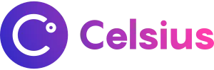 Celsius logo, a purple circle with a white "CËš" on it, followed by purple to pink gradient text reading "Celsius"