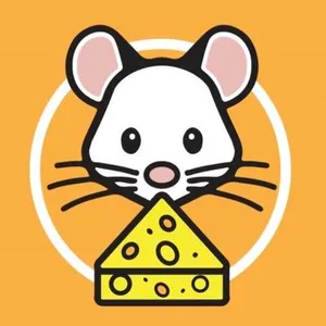 An illustration of a mouse eating a wedge of cheese on an orange background