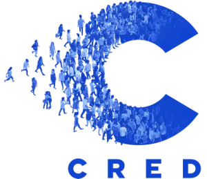 A large blue C formed out of illustrations of people walking towards it, with "Cred" in blue capitals underneath