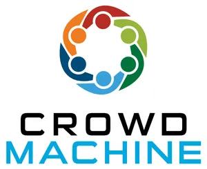 A stylized illustration of people huddling together, pictured from above to form a circle. Below it is the text "Crowd Machine" in black and blue