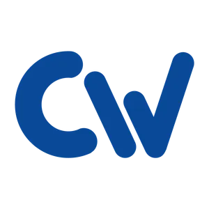 CW in blue rounded text