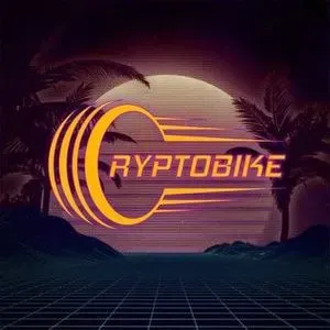 CryptoBike logo, a retro/vaporwave-styled pixel art illustration