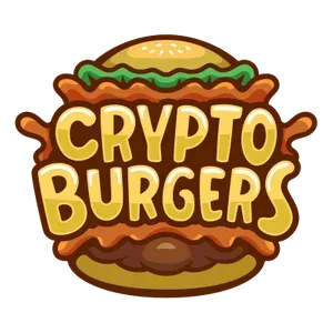 A cartoon hamburger with the text "Crypto Burgers" in the middle