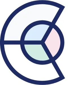 A blue outline of a circle, cropped into a C shape, with a portion in the middle resembling a pie chart with multicolored pastel sections
