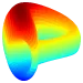 A rainbow-colored 3D rendering of a Klein bottle shape