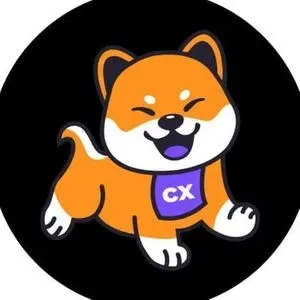 Cxcoin logo, a happy shiba inu type dog with a purple bib