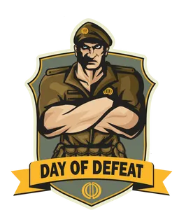 A illustration of a man in a military uniform with crossed arms, on a shield-shaped logo that reads "Day of Defeat"