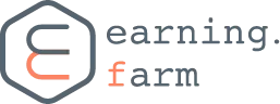 A grey hexagon with a rounded E in the middle. The bottom half of the E is orange. The text "earning.farm" follows in grey lowercase monospace font, except for the f which is in orange.