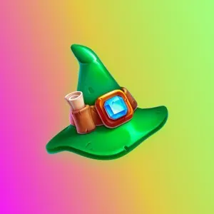 A green wizard hat with a blue gem and a scroll on the leather strap