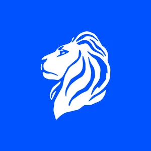 A white illustration of a lion in profile on a bright blue background