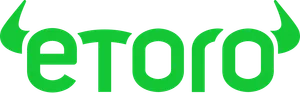 “etoro” in green lowercase, with bull horns on either side