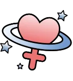 A symbol representing the Venus symbol, with a heart shaped top. A silver ring and stars encircle it.