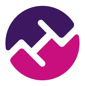 A circular logo with a purple top half and pink bottom half, with zigzag white line through the middle