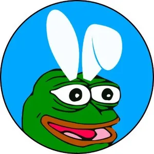A Pepe the Frog illustration, wearing bunny ears on a circular blue background