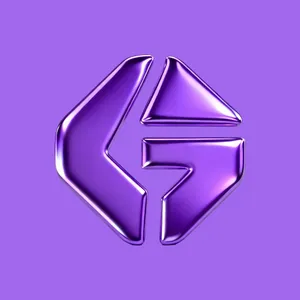 A segmented purple G that looks almost like Mylar balloons, over a purple background