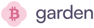 A light pink rounded diamond shape with the Bitcoin logo cut out of it, followed by "garden" in lowercase purple sans serif