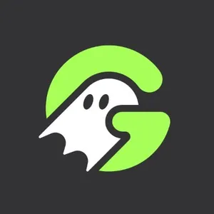 A white ghost superimposed on a green G over a dark grey background