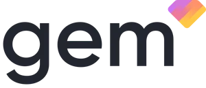 Dark grey lowercase sans serif text reading "gem", with a purple, orange, and yellow diamond shape next to it