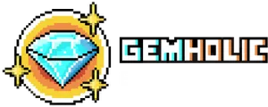 A pixel art diamond overlaid on a gold coin surrounded by sparkles, with pixel text reading "Gemholic ecosystem" in white with a black outline