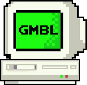 A pixel art old-school computer with "GMBL" printed in black on a green screen
