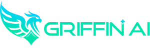 An illustration of a predatory bird, followed by "Griffin AI", all in blue-green gradient
