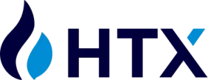A navy and blue flame shape, followed by HTX in navy capitals, with a blue top right segment of the X