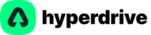 A green rounded square with a black triangular shape, followed by "hyperdrive" in black lowercase