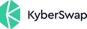 A light green hexagon, elongated vertically, with four white lines through it resembling a K, followed by the text "KyberSwap" in black