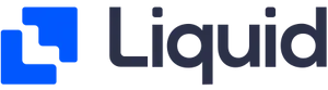 A blue L with an inverted L with an additional block in the middle of it, followed by "Liquid" in black