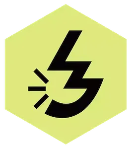 A greenish-yellow hexagon with an abstract black symbol on it