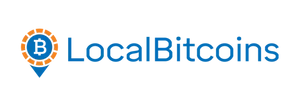 A blue circle with a white Bitcoin symbol, with an orange dashed outline and a downwards-pointing arrow below it resembling a map pin. "LocalBitcoins" is to the right in blue.