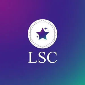 A white circle with stars cut out from the middle, and white text reading "LSC", overlaid over a purple to green gradient